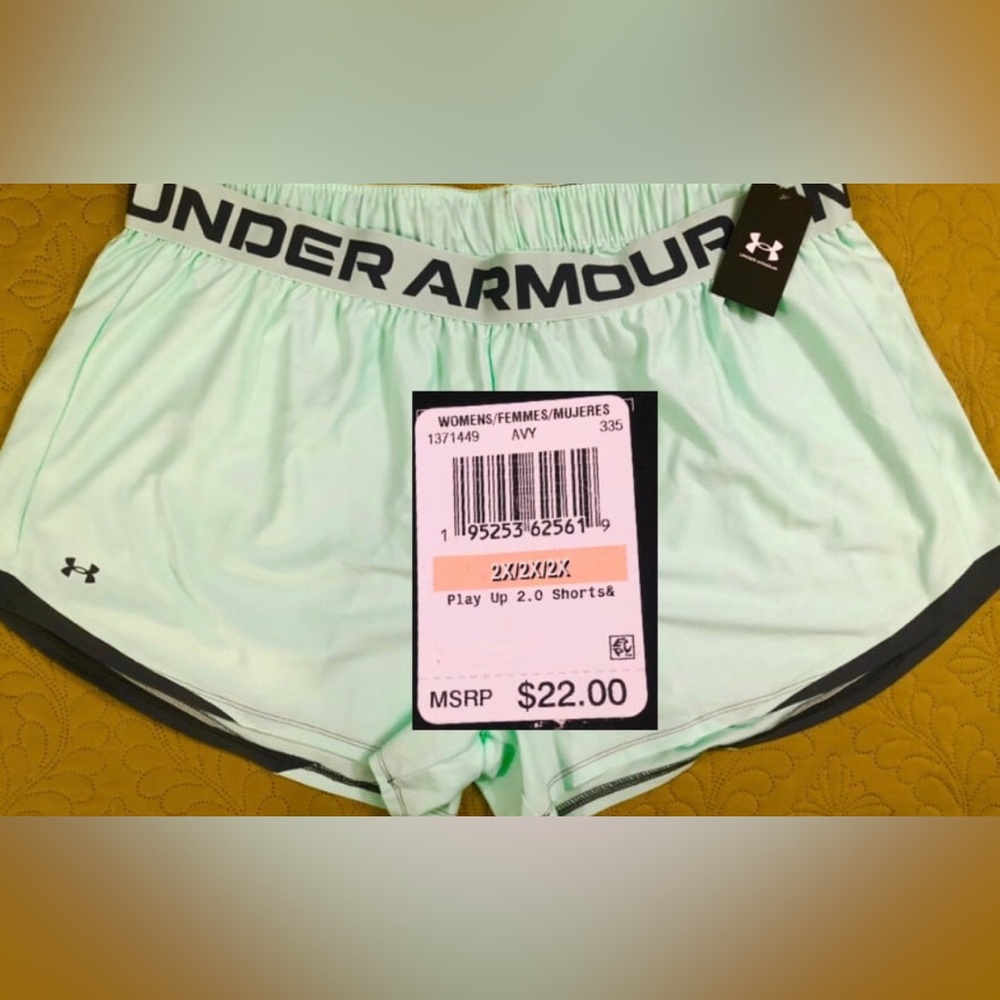 NEW..WOMEN 2X PLUS SIZE UNDER ARMOUR PLAY UP 2.0 SHORTS..NO POCKETS((MINT GREEN)